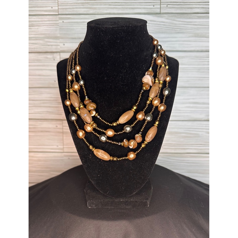 Liz Claiborne Vintage Brown & Cream Gold Tone Multi-Layer Beaded Necklace